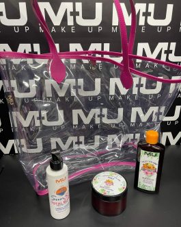 Kit pochette + olio corpo abbronzante + unguento super abbronzante + protezione corpo MU MAKE UP