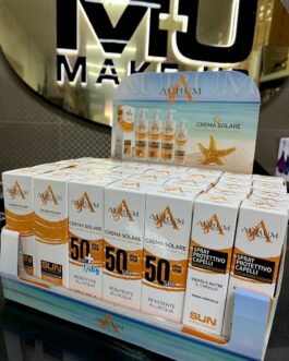 ESPOSITORE DA BANCO AURUM MU LINEA SOLARI COMPLETO DI 3O PEZZI •8 CREMA DOPOSOLE 2OOml •8 CREMA SOLARE 5O 2OOml •4 CREMA SOLARE 5O+baby 2OOml •1O SPRAY PROTETTIVO CAPELLI SUN 1OOml PREZZO💣💣💥