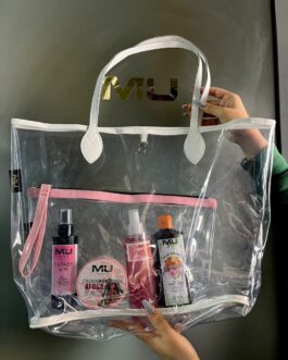 •MAXI BORSA MARE TRASPAREMTE •MAXI BORSELLO TRASPARENTE •OLIO ABBRONZANTE 2OOML •SPRAY PROFUMO CAPELLI  15OML •ACQUA PROFUMO CORPO SCINTILLANTE 2OOML •DOPOSOLE 2OOML