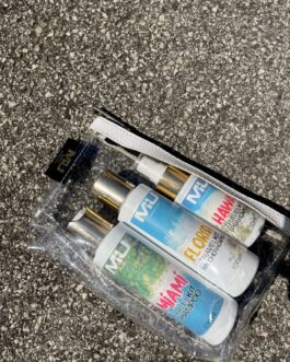 KIT TRAVEL ✈️ BORSELLO TRASPARENTE SHAMPOO MIAMI 1OOML MASCHERA FLORIDA 1OOML SPRAY CAPELLI HAWAII 5OML  INGROSSO