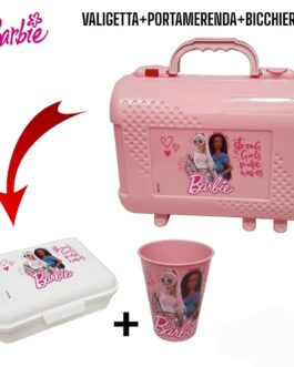 SCUOLA 2023 BARBIE  SET VALIGETTA+PORTAMERENDA+BICCHIERE /  TAZZONE PLASTICA /  TAZZA PLASTICA / PIATTO PIANO 22cm / BICCHIERE PLASTICA 200ML