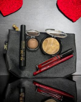 KIT CON SCATOLO  POCHETTE MASCARA ALL IN ONE OMBRETTO COTTO CIPRIA LIP GLAM MATT MATITA LABBRA