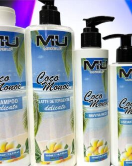 KIT COCO MONOI  SHAMPOO 500ml LATTE DETERGENTE 500ml RAVVIVA RICCI 200ml LATTE LISCIANTE 200ml  MU MAKE UP