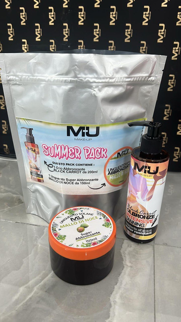 ✨SUMMER PACK✨ UNGUENTO MALLO DI NOCE 150Ml OLIO CORPO BLACK CARROT 200Ml +BUSTA CON CHIUSURA ERMETICA  MU MAKE UP