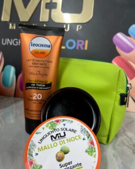 TRIS MARE☀️ 🔺BORSELLO 🔺LEOCREMA LATTE PROTETTIVO 20SPF 200 ML 🔺CREMONE ABBRONZANTE 150ML  MU MAKE UP