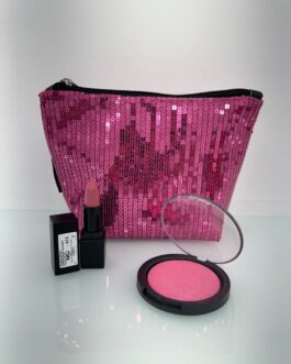 SET PINK💓 BORSELLO PAILLETTER ROSA+ROSSETTO LABBRA COD.413 +BLUSH  MU MAKE UP